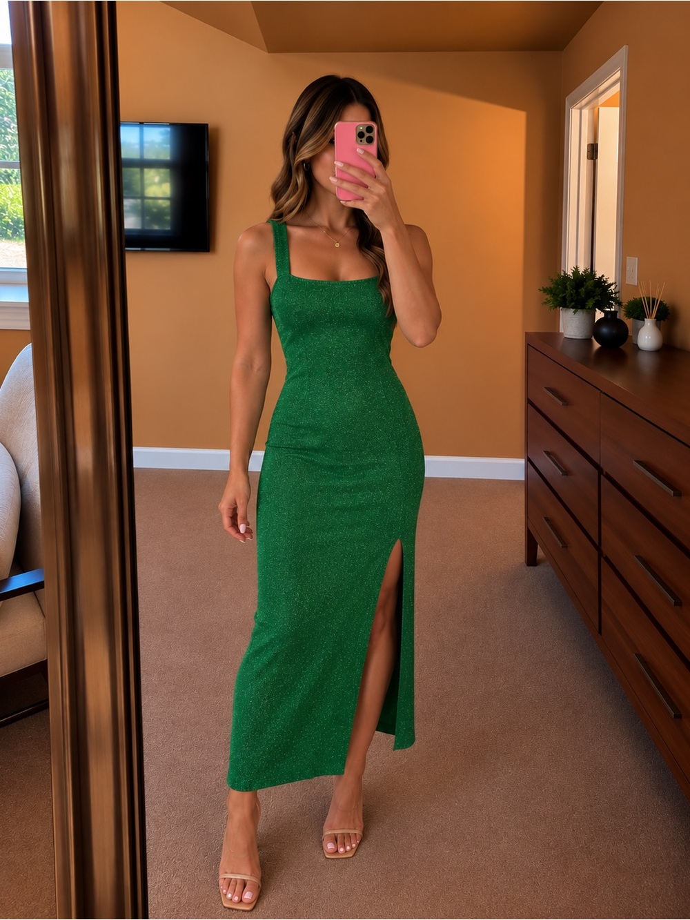superdown Emerald Green Square-Neck Midi Dress with Thigh Slit